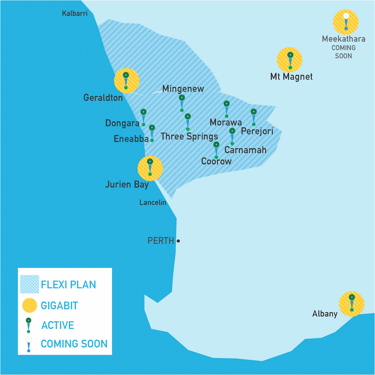 Map of SXBB's Fixed Wireless Coverage Area in Western Australia. Gigabit Fixed Wireless in Geraldton, Jurien Bay, Mt Magnet and Albany, with Gigabit Fixed Wireless in Meekathara coming soon. Flexi Fixed Wireless in areas surrounding and including Geraldton, Dongara, Eneabba, Jurien Bay, Mingenew, Three Springs, Morawa, Perejori, Carnamah and Coorow.